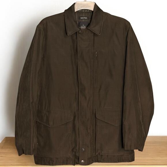 Vintage Nautica Waxed Field Coat Size M Brown Leather Collar Heritage Workwear - Picture 2 of 14